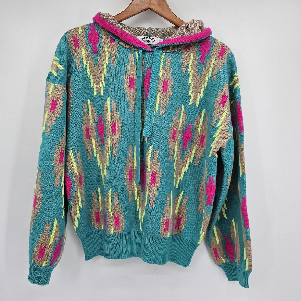 Crazy Train aztec Neon Pullover Boho hoodie Womens Small